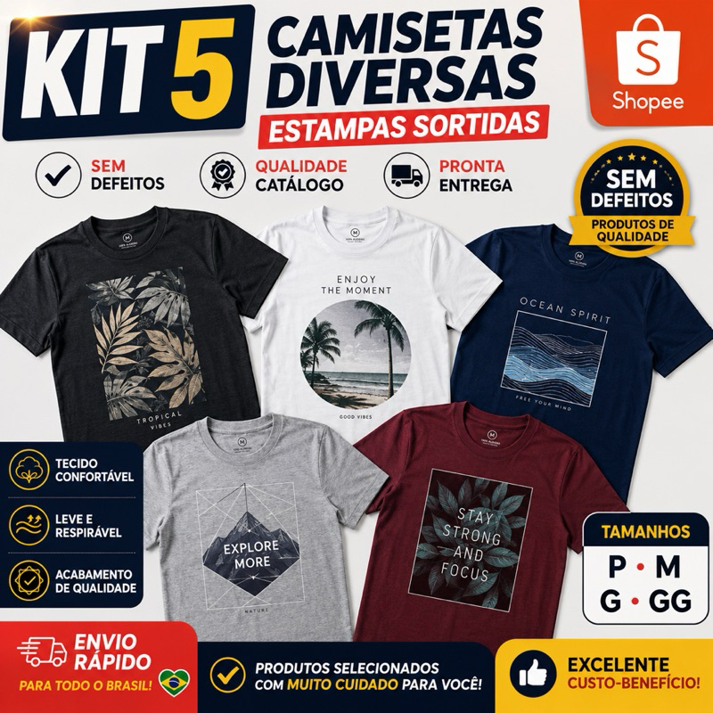 Kit 5 Camisetas Masculinas 100% algodão cores e estampas aleatórias caimento perfeito leve confortável envio rápido