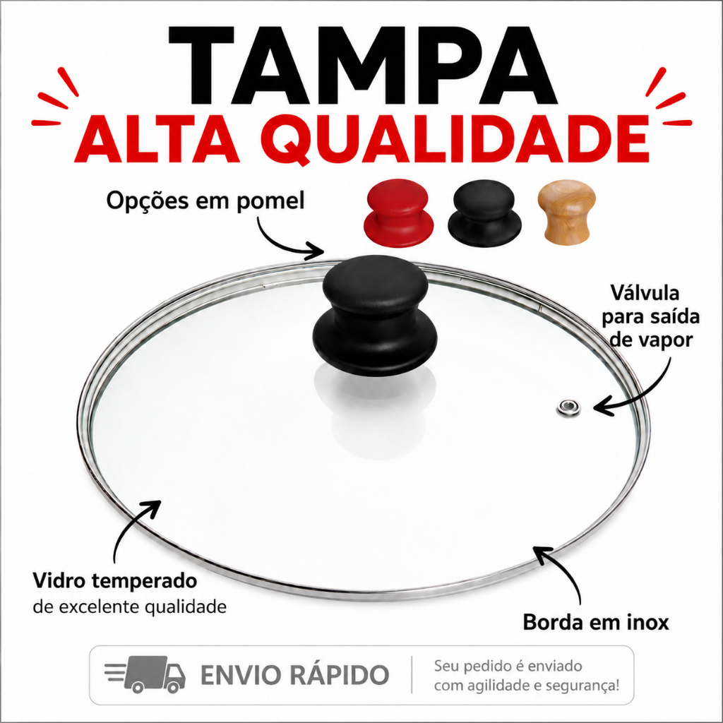 Imagem Tampa de vidro temperado pomel plástico madeira resistente prática estilosa panela frigideira inox