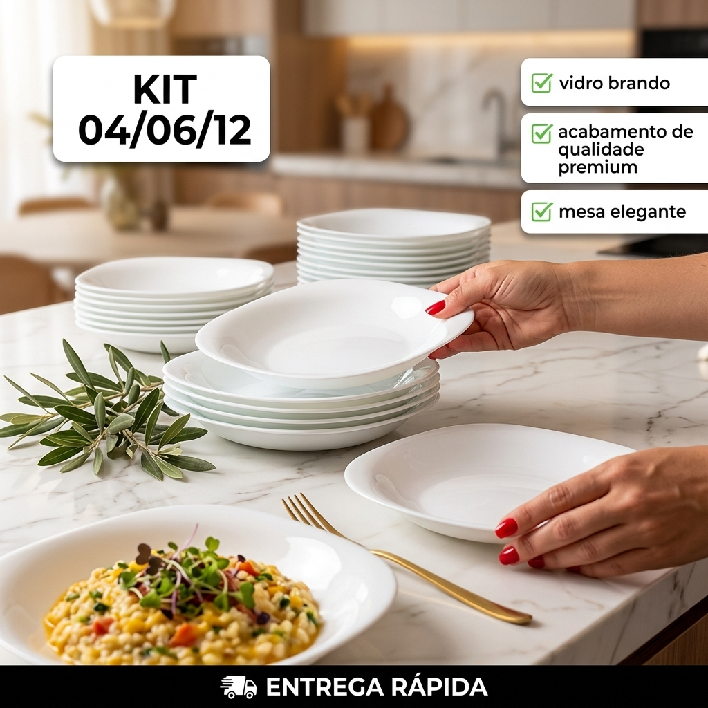 Kit Jogo de 12/06/04 Pratos de vidro Duralex Fundo Branco Quadrado Opaline Plaza Branco Jantar Hotel Luxo