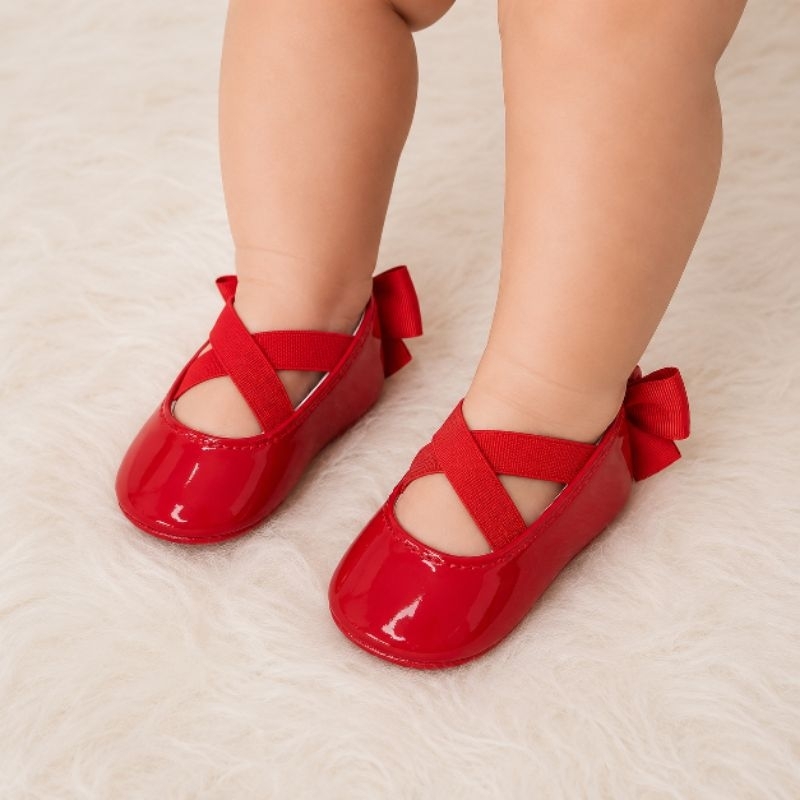 🏆 Sapatinho Bebê Menina Verniz com Laço no Tornozelo – Branco, Preto, Vermelho e Rosa Bebê | Elástico | Tamanho 13 a 18