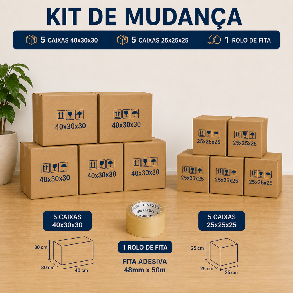 Kit Mudança 10 Caixas Reforçadas 40x30x30 + 25x25x25 Com Fita Organização Armazenamento