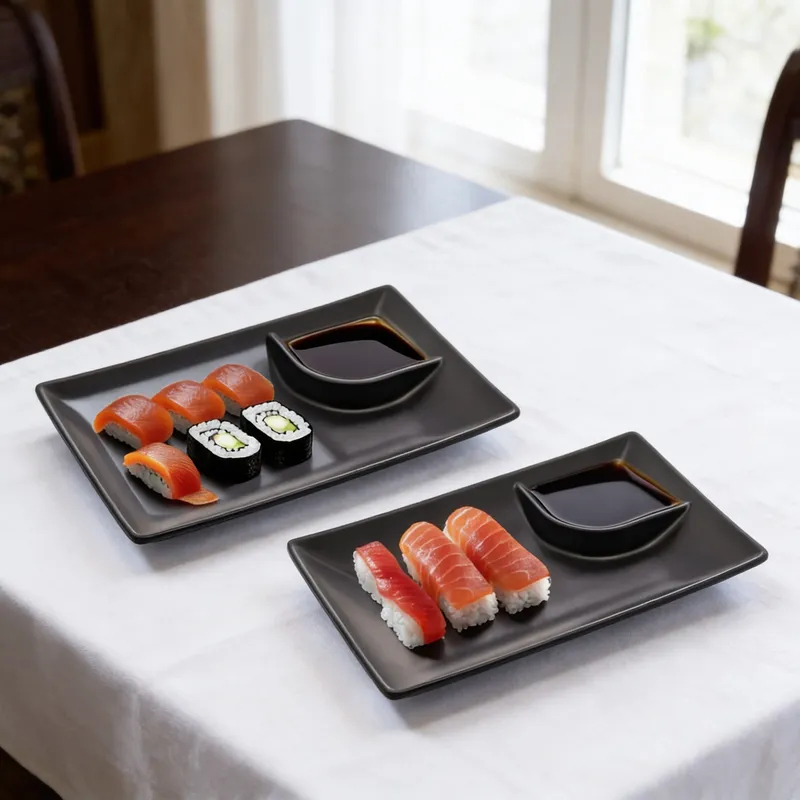 Kit Conj 2 Pratos Travessas Sushi Sashimi Comida Japonesa Com Molheira Melamina Preto Acetinado