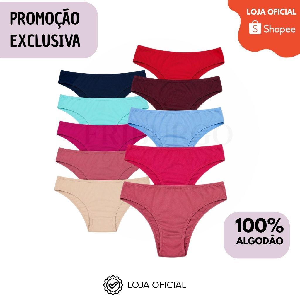 Kit 10/5 Calcinha 100% Algodão Feminina Conforto Lisa Antialérgica Lingerie Mulher Dia a Dia Cores