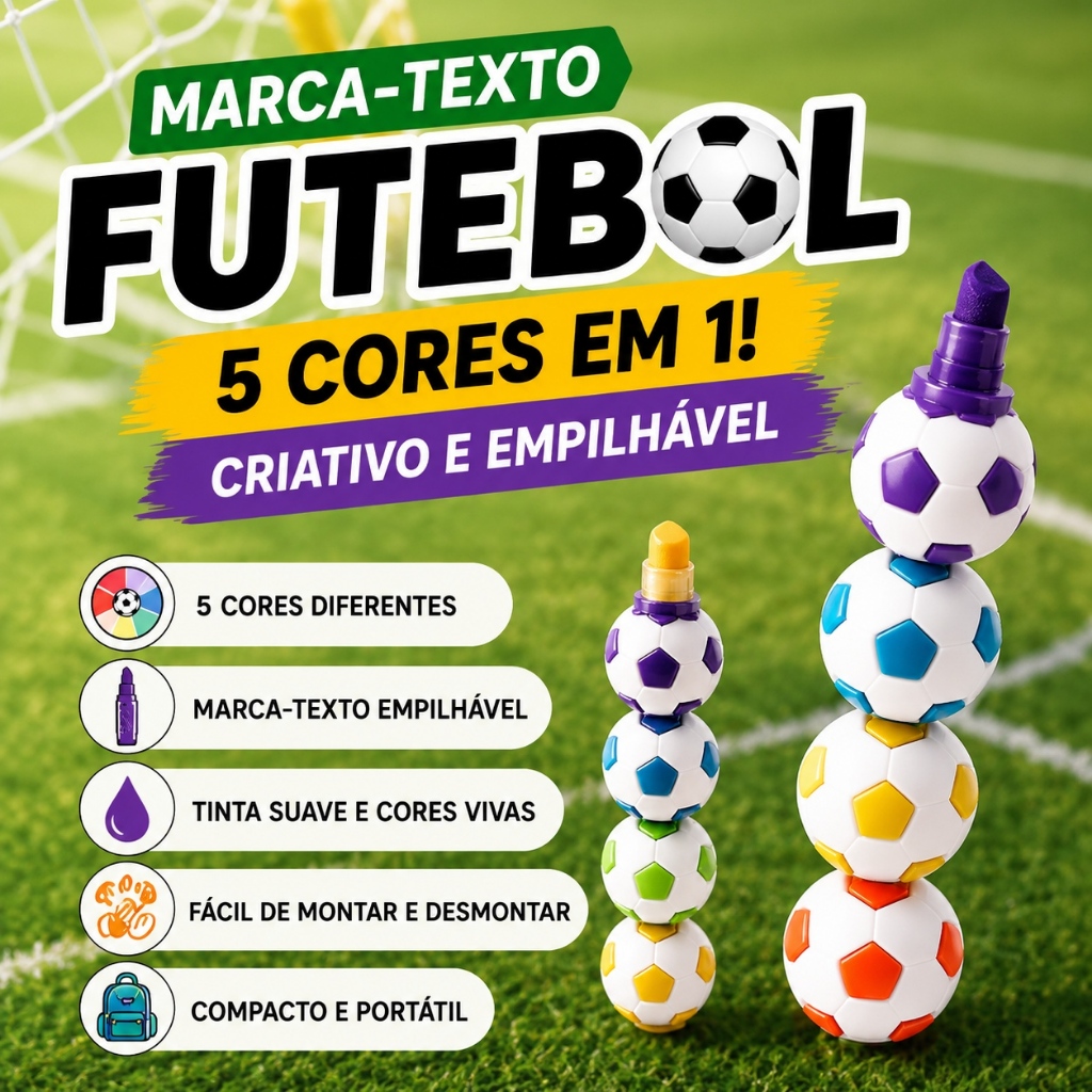 Marca Texto Bola de Futebol 5 Cores Caneta Empilhável Fofa Escolar