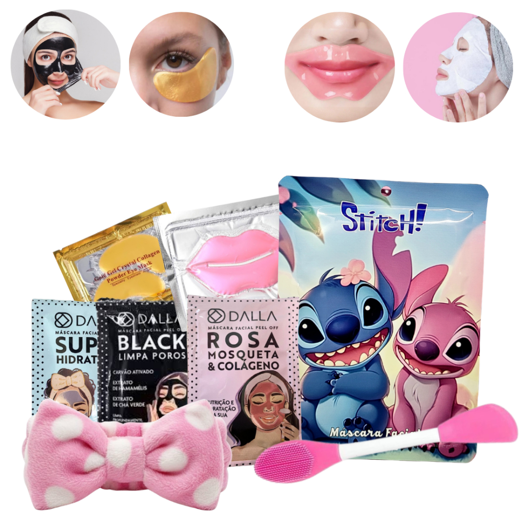 Kit Skincare Facial Completo Máscaras Hidratante Peel Off - Colágeno Olhos e Labial - Máscara Stitch
