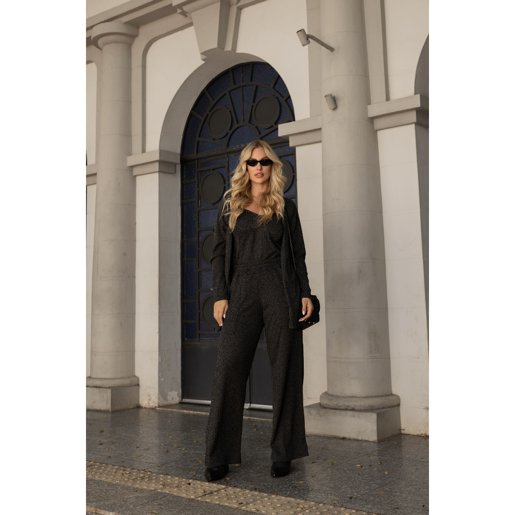 Conjunto Feminino 3 Peças Lanzinha Preto Cardigan + Blusa Alça + Calça Pantalona Elegante Confortável Moda Inverno 2026