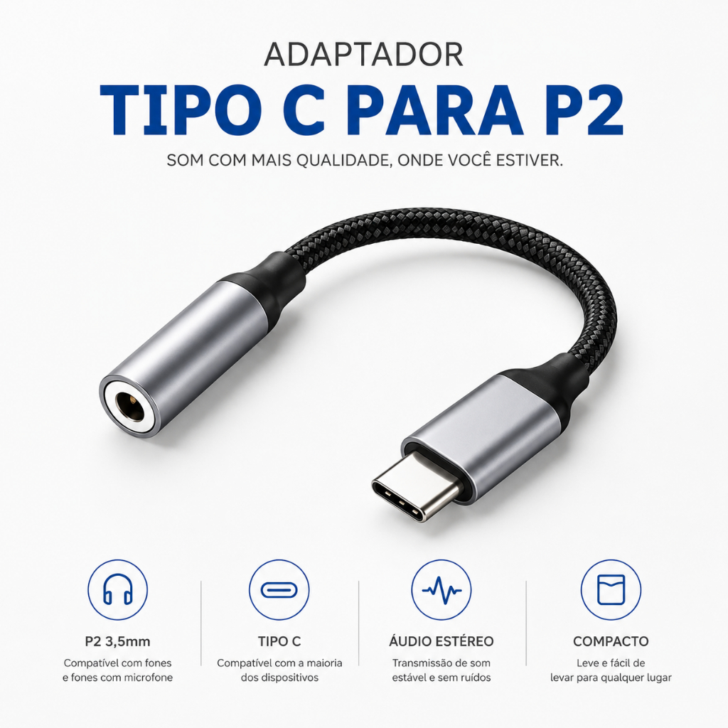 Adaptador De Fone De Ouvido Para Celular Smartphone Usb Tipo C Para P2 Fêmea Áudio 3,5mm Preto/prata