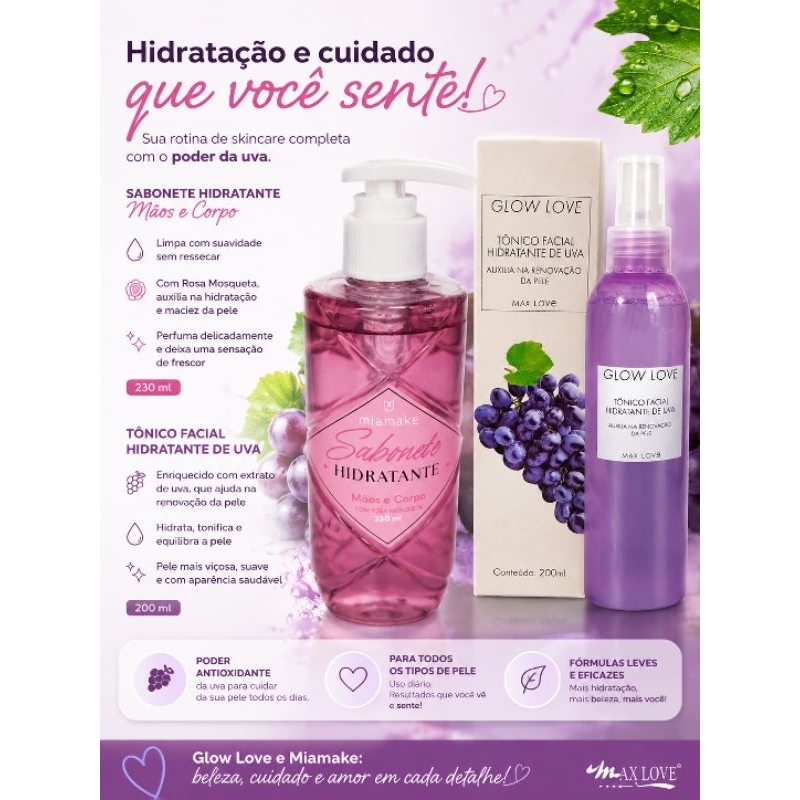 COMBO sabonete líquido miamake com rosa mosqueta 230ml+tônico facial hidratante de uva,Max love 200ml
