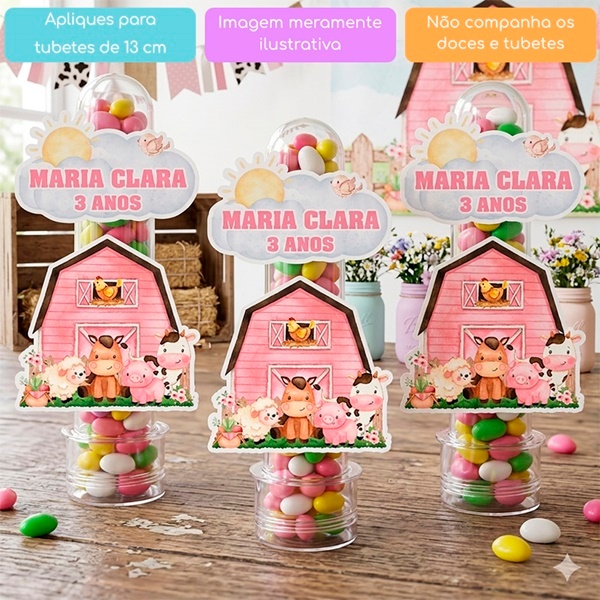 Apliques Personalizados Fazendinha Celeiro Rosa Lembrancinha Aniversário Chá de bebê Tubete