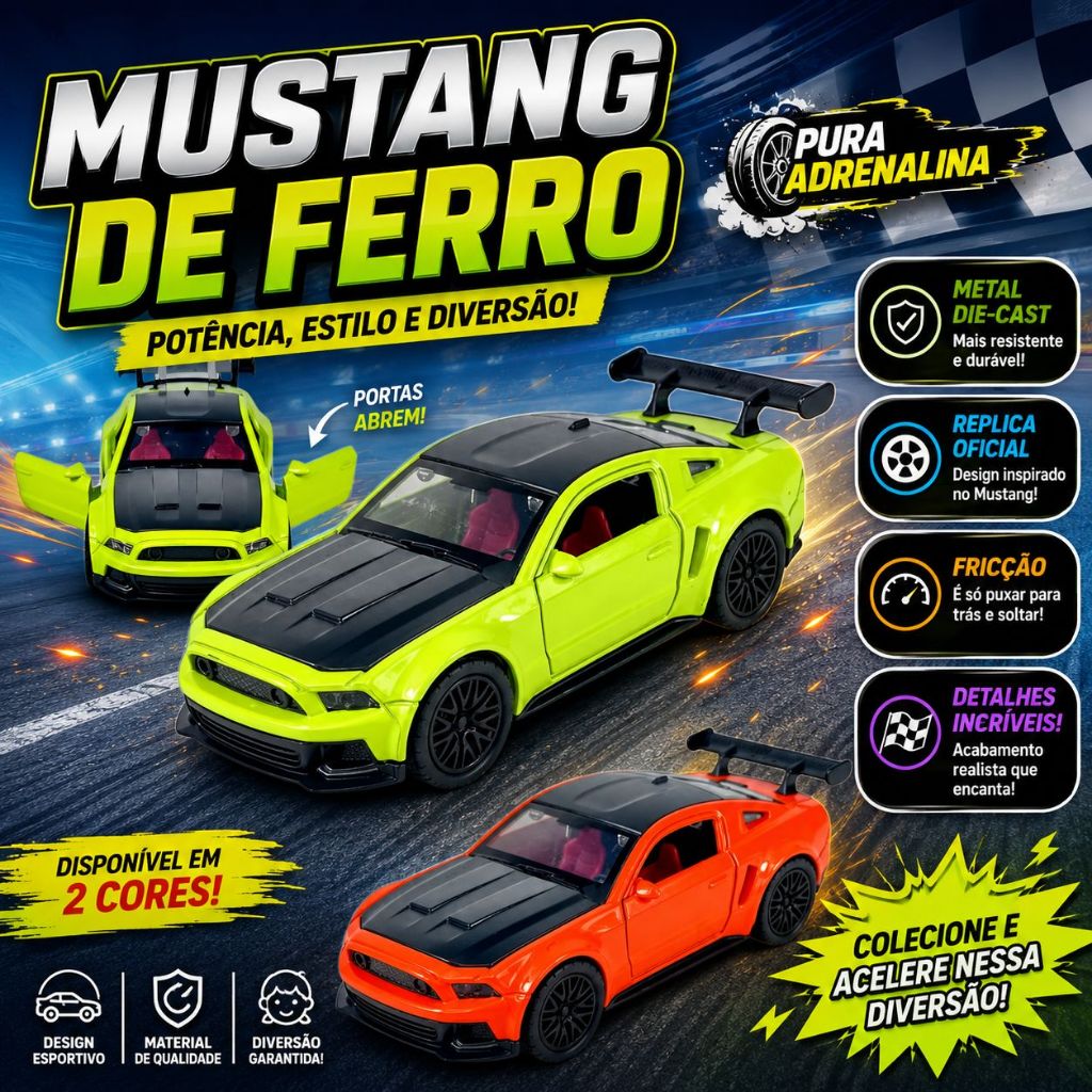 Carrinho De Ferro AUDI R8 E MUSTANG Miniatura Abre Porta Fricção Coleção - Metal, Alta Qualidade