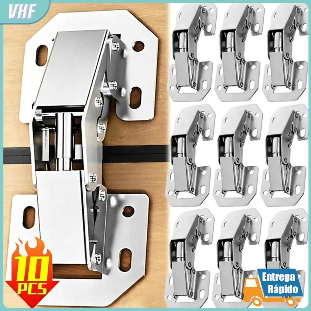 10 Peças Dobradiça de Armário 90° Aço Inoxidável Amortecedor Hidráulico Sem Perfuração para Móveis Cozinha