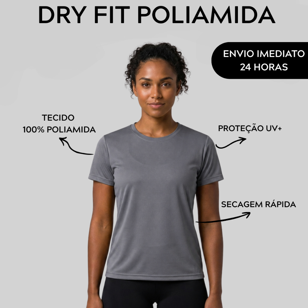 CAMISETA DRY FIT BABY LOOK FEMININA TREINO E CASUAL 100% POLIAMIDA UV 20+