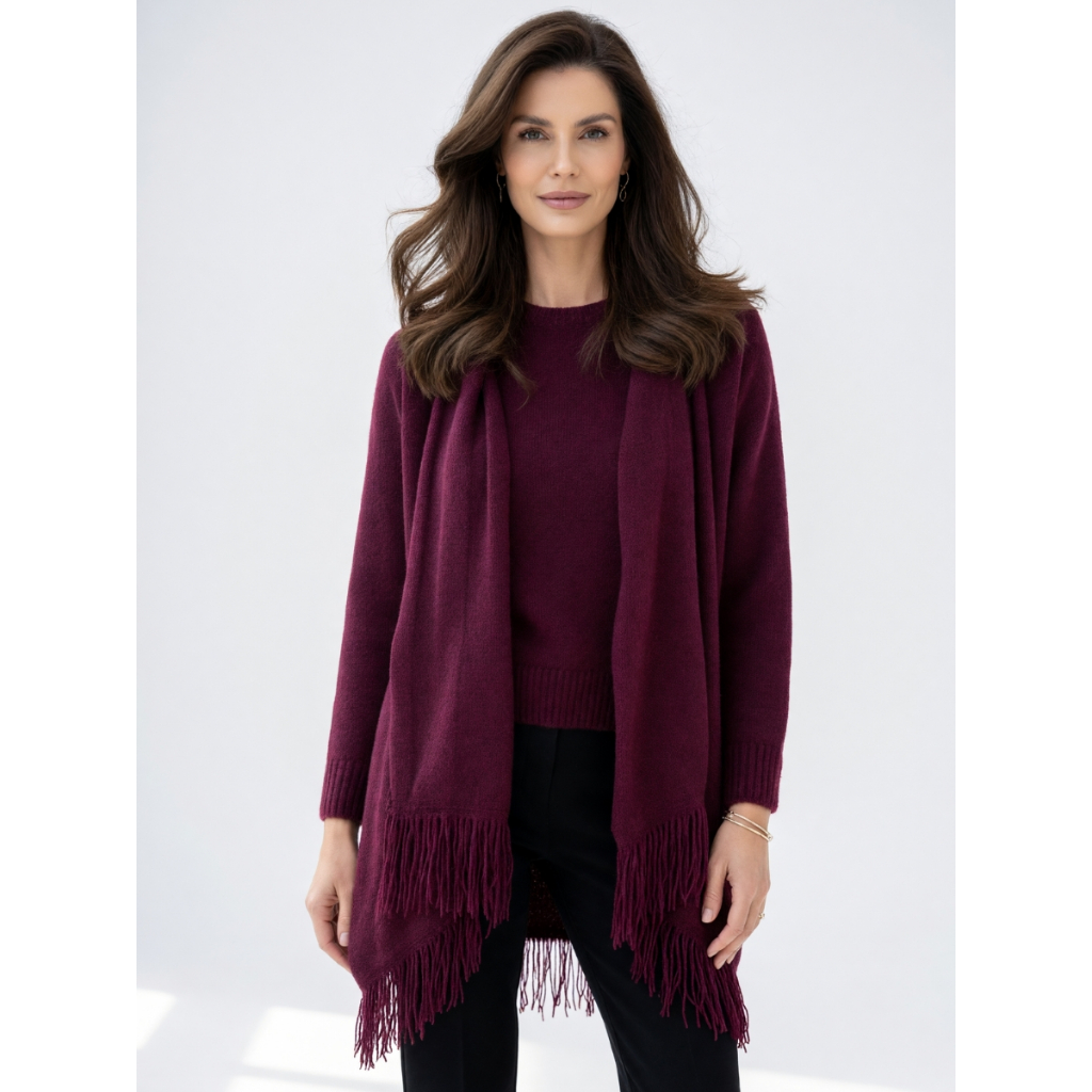 Casaco Feminino Poncho Capa Feminino Mousse Tricot Manga Longa com Franjas