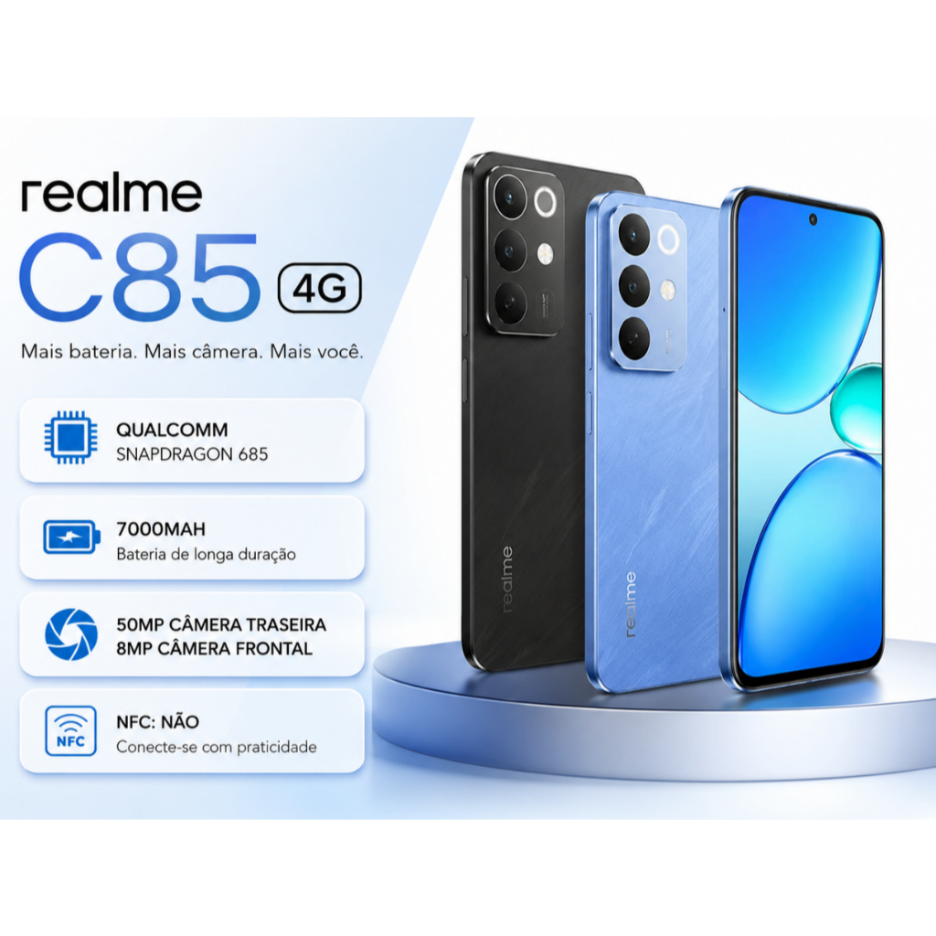 Realme C85 4G 128GB+6GB NFC Smartphone Câmera 50MP Bateria Grande Dual SIM Celular Novo Barato Desbloqueado