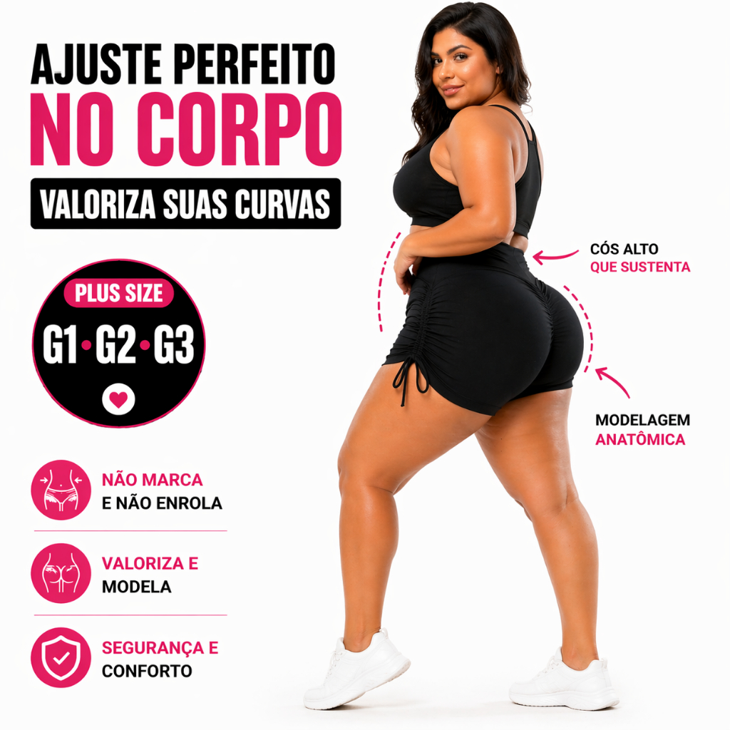 Short feminino academia P,M,G,GG,G1,G2 e G3 fitness cintura alta empina levanta bumbum cós alto Plus Size