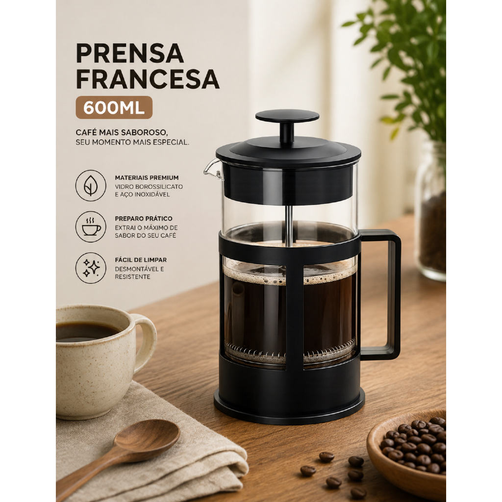 Cafeteira Prensa Francesa 600ml Vidro Resistente French Press Manual Café Gourmet Filtro Malha Fina para Café Chá e Capp