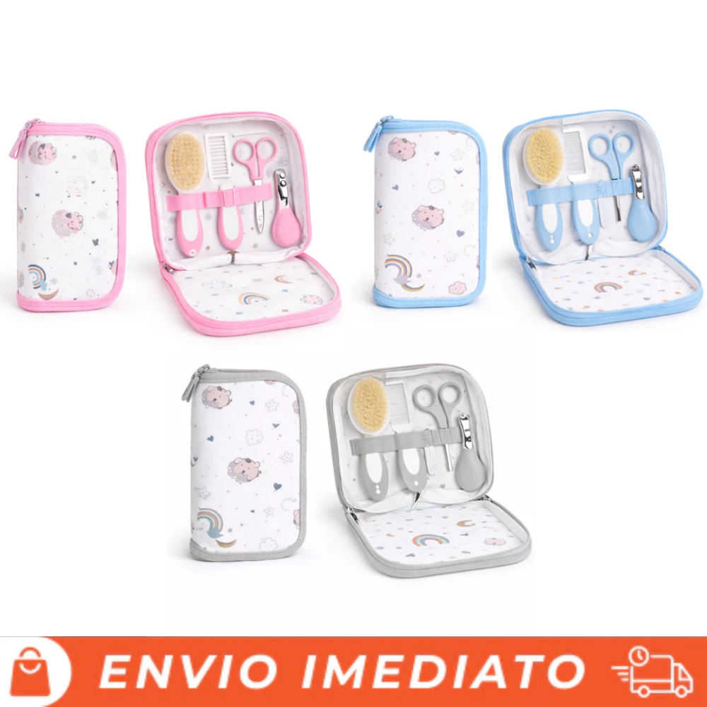Kit Enxoval Higiene Conjunto Tesourinha Trin Pente Escova e Lixa de Unha 5 Itens Para Cuidados Bebê