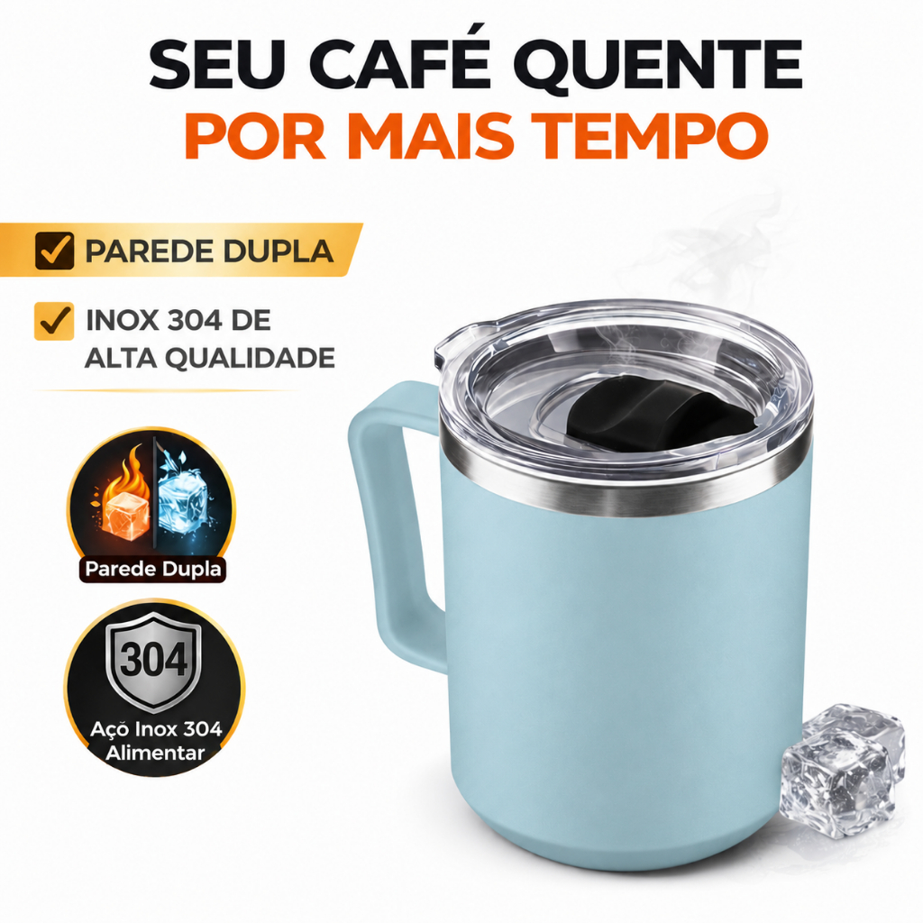 Caneca Térmica Grande 450ml Aço Inox 304 com Tampa e Alça – Copo Térmico Azul para Bebidas Quentes e Fria