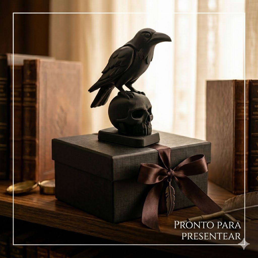 Escultura Corvo no Crânio Decorativo Premium - Estilo Gótico / Edgar Allan Poe