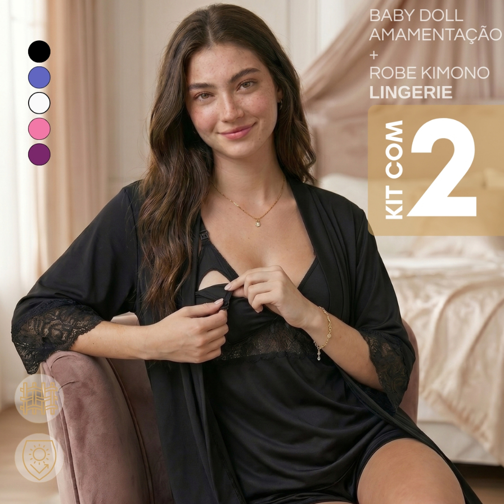 Kit Baby Doll + Robe Pós Parto Maternidade Abre Fácil Com Renda Gestante Grávida