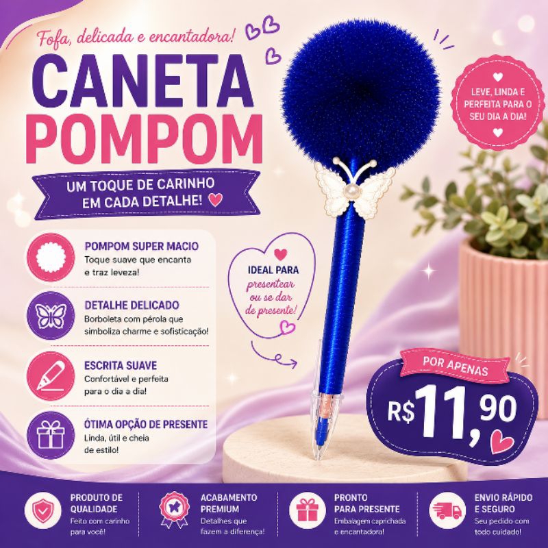 Caneta Pompom Fofa Luxo | Caneta Diferente Delicada com Pompom Macio | Presente Criativo Barato Escolar e Escritório