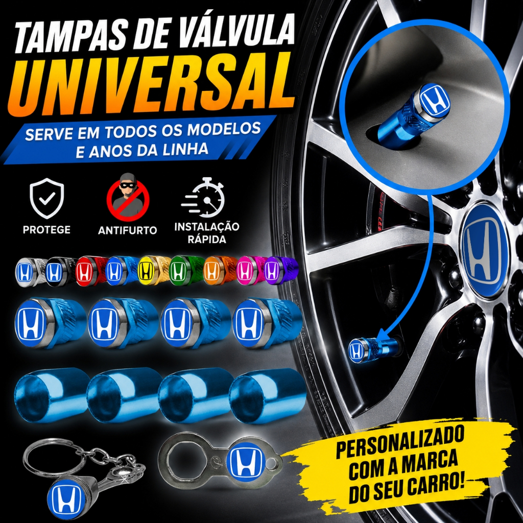 Bico de pneu Capa e Tampa Válvula de Roda Azul da Honda Antifurto + Chaveiro Pistão