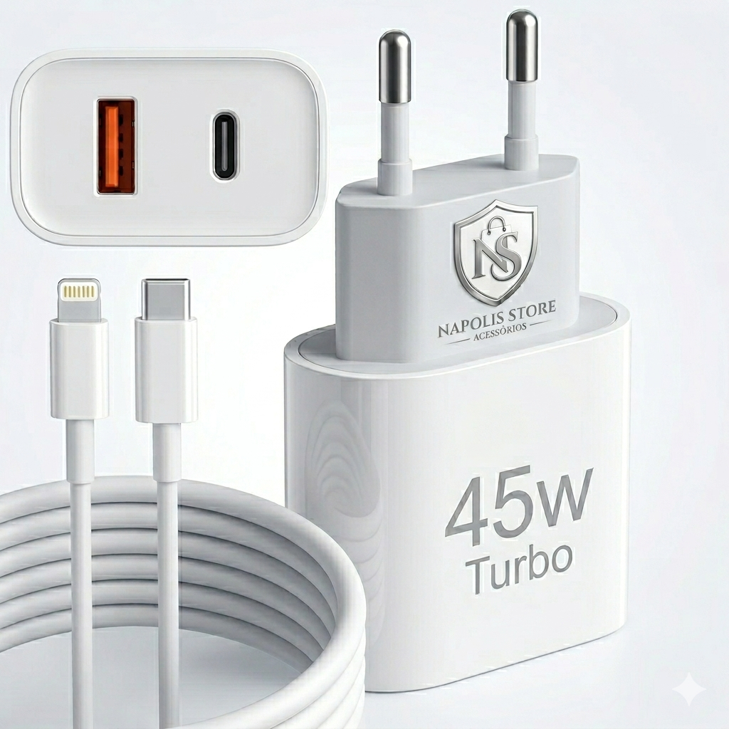 Carregador Iphone Turbo 45W 2 Entradas USB e USB-C + Cabo Lightning Iphone 6 7 8 X XR XS 11 12 13 14