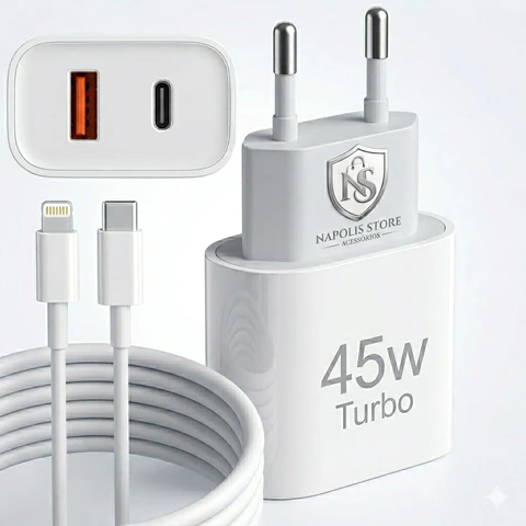 Carregador Iphone Turbo 45W 2 Entradas USB e USB-C + Cabo Lightning Iphone 6 7 8 X XR XS 11 12 13 14