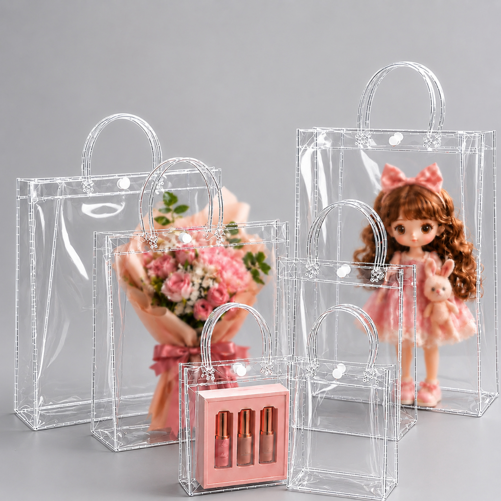 Kit 30/20/10  Transparent Gift Bags Reusable PVC Party Favors Sacolas de presente em diversos tamanhos, sacolas alças