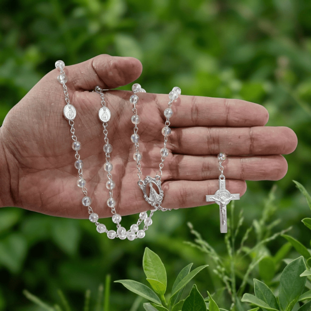 Terço Nossa Senhora Aparecida Madre Pérola Transparente + Caixinha Acrílico