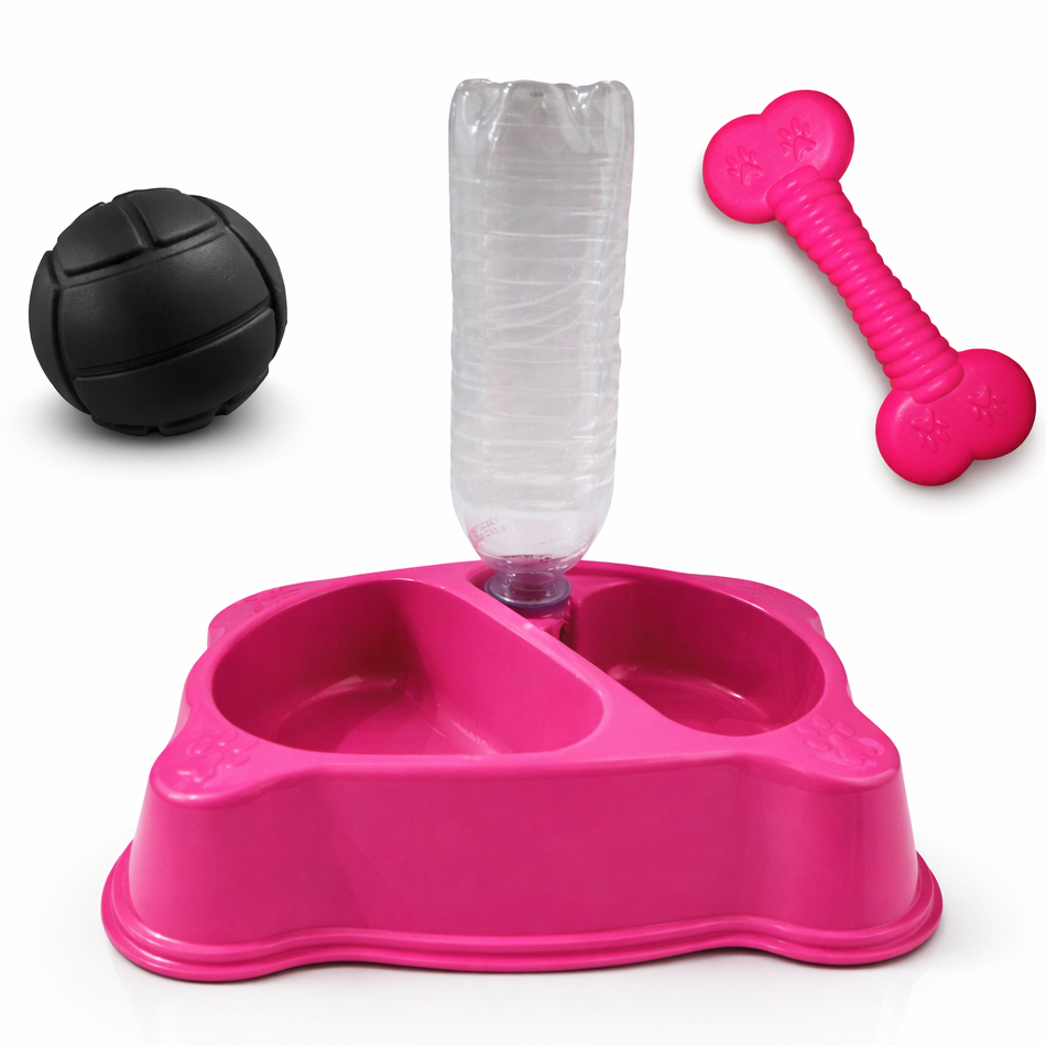 Kit Pet Comedouro Duplo Bebedouro Garrafa + Brinquedos Cachorro Gato Resistente