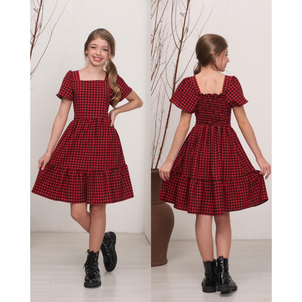 vestido curto xadrez com manga curto pra festa junina infantil juvenil meninas