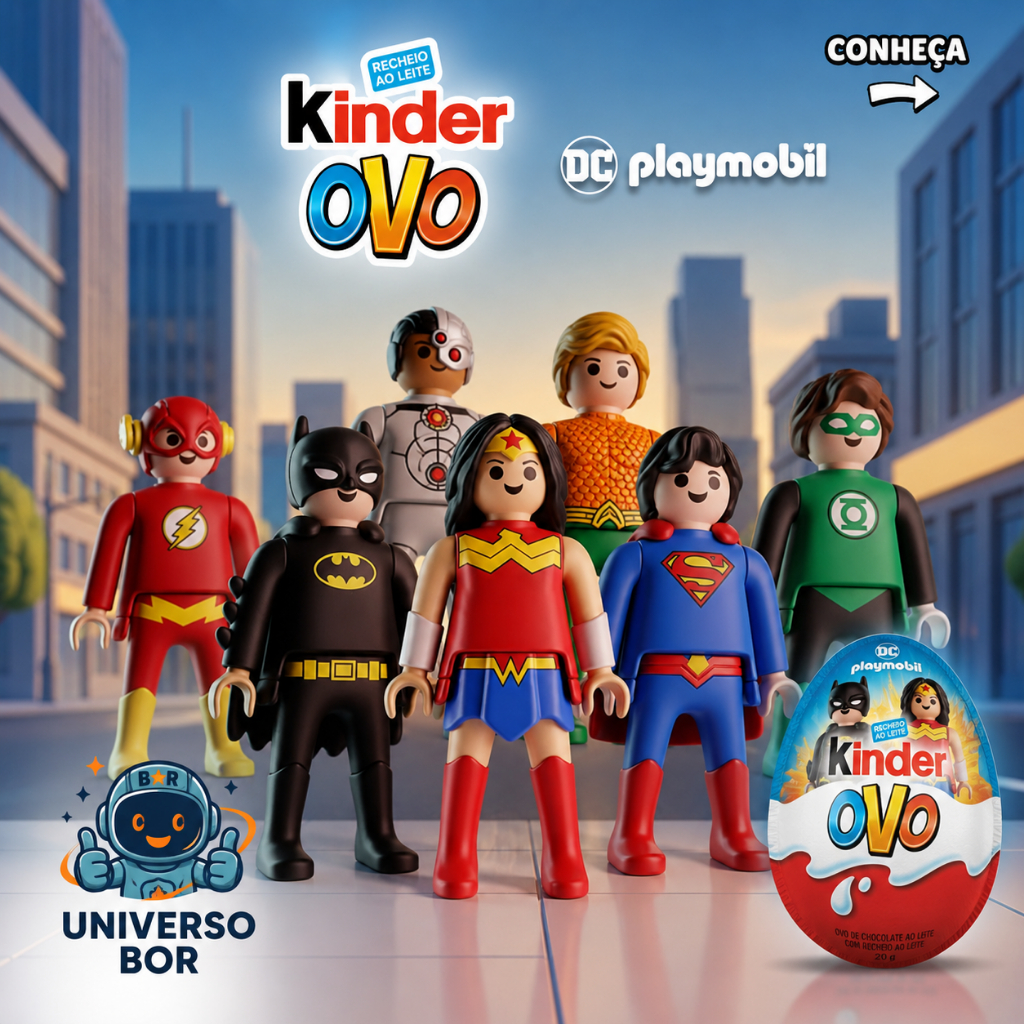 Brinquedo Colecionável Kinder Ovo DC Playmobil - Mulher Maravilha Batman Superman Aquaman Cyborg