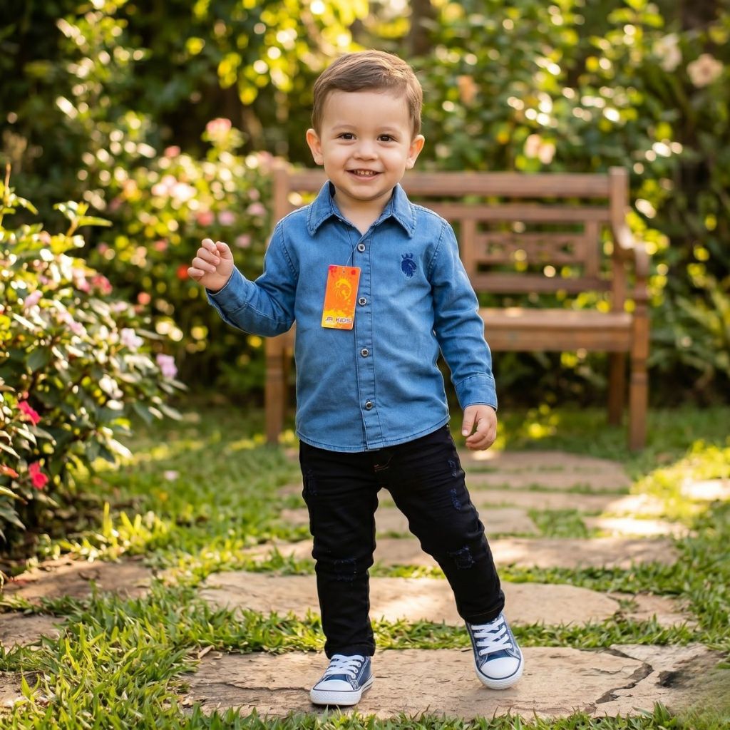 Kit Conjunto Bebê Menino Camisa Jeans Manga Longa + Calça Jeans Com Lycra Premium (0 a 3 Anos)