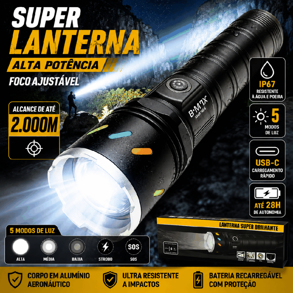 Lanterna Tática Super Potente LED XHP160 USB-C Foco Ajustável Longo Alcance Resistente À Água