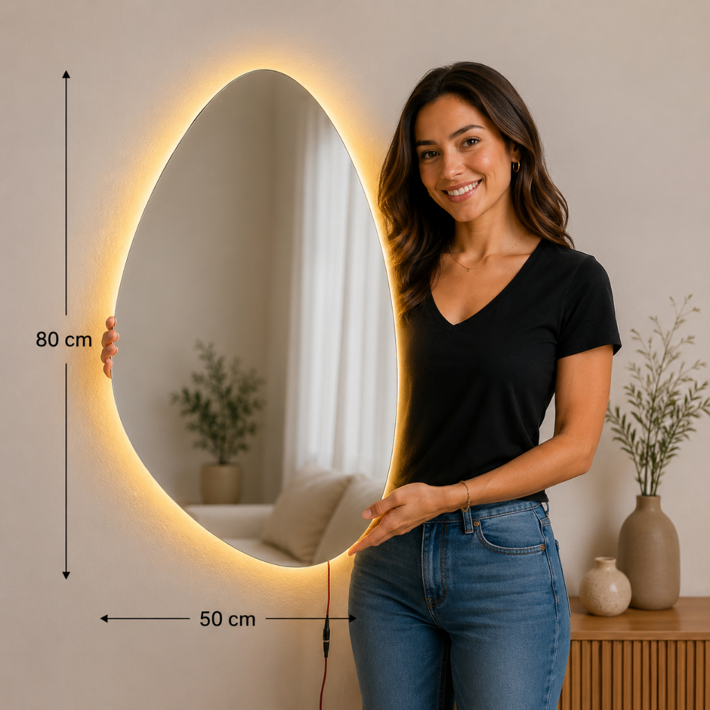 Espelho Orgânico 80x50 cm com LED para Banheiro Lavabo Quarto Sala Decorativo Moderno