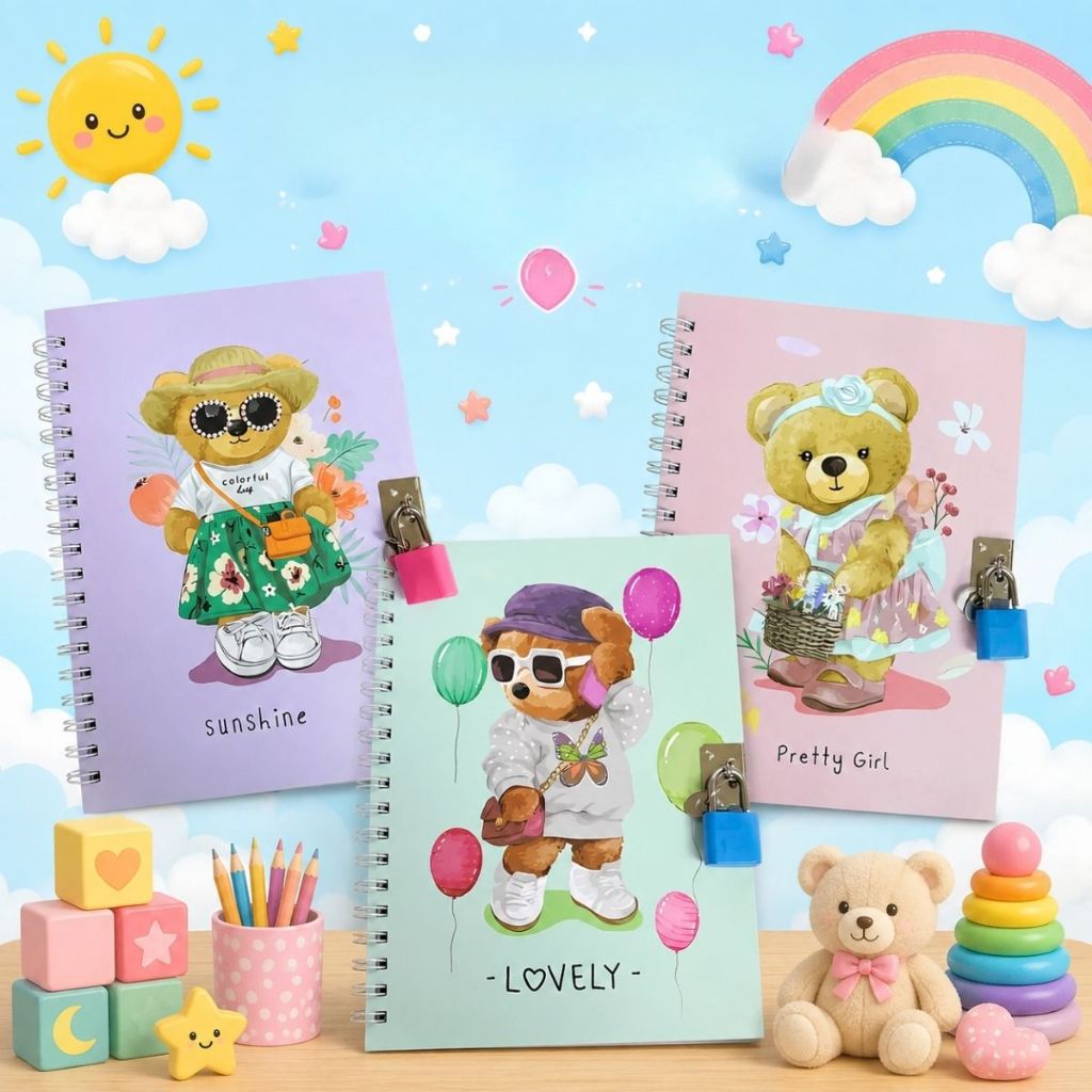 Caderno Diário Agenda com Cadeado Infantil Borboletas Urso Frutas Diário Infantil Menina 48 Folhas