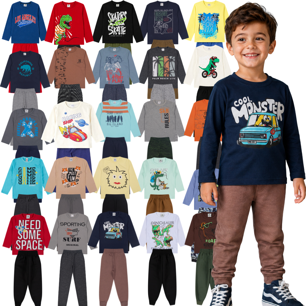 Conjunto Meia Estação Menino 4 Peças | Blusa + Calça de Moletom do 01 a 10 Anos | Kit Conjunto Inverno Menino Sortido
