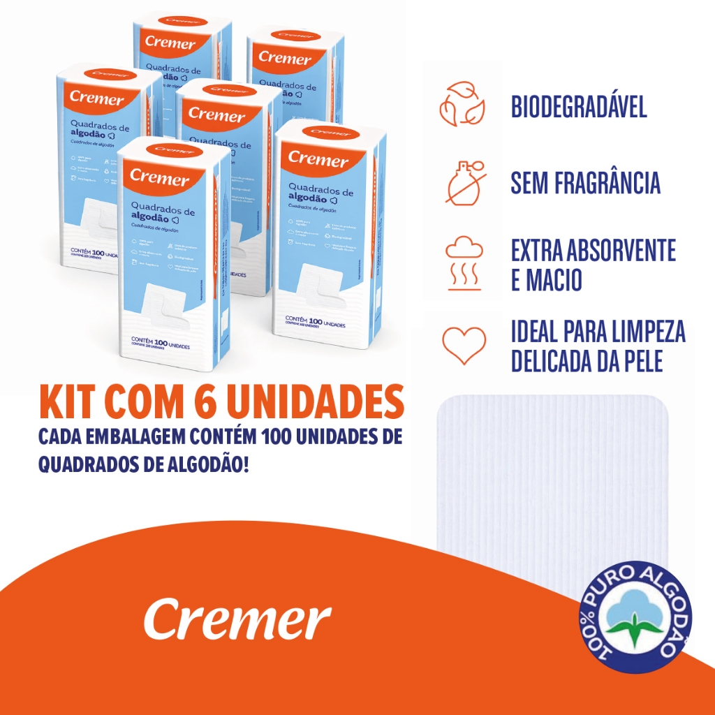 Kit 6 pacotes Algodão Quadrado Cremer Hidrófilo Macio Sem Perfume Para Maquiagem Skincare e Higiene | 600 un