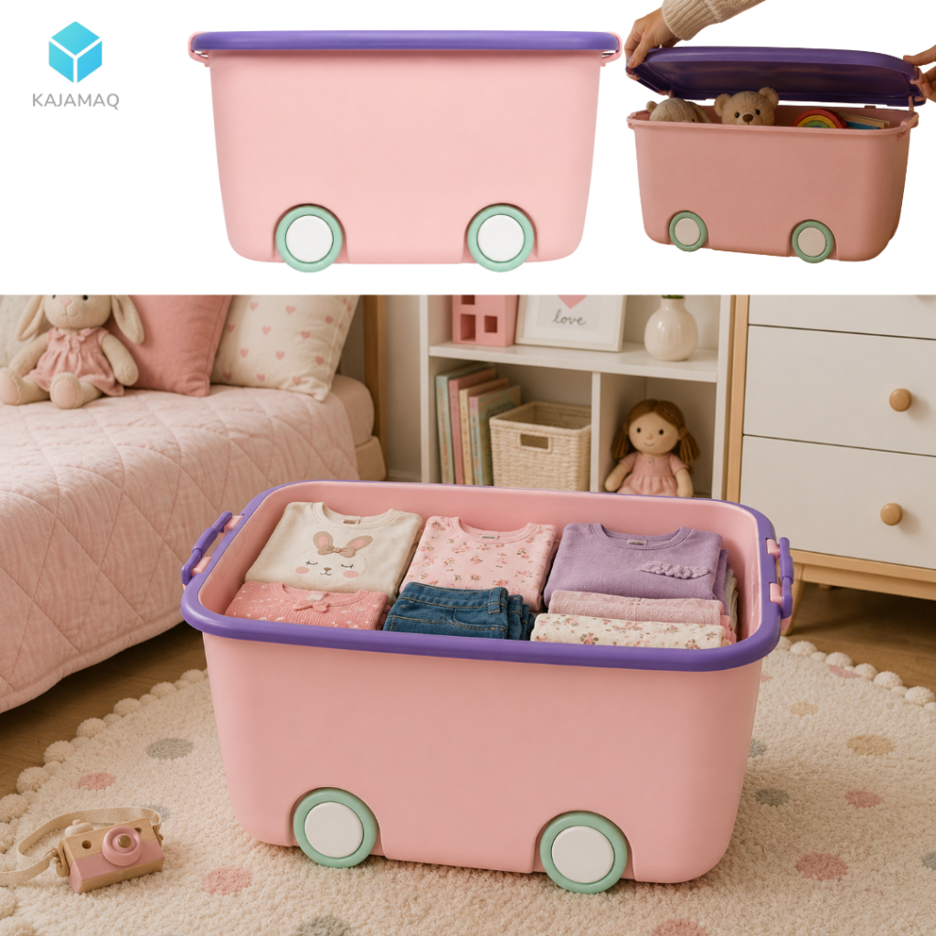 Caixa Organizadora Infantil Organizar Brinquedo Jogo Lego Roupa Quarto Bebe Cor Rosa Verde Multiuso Com Rodinha E Tampa