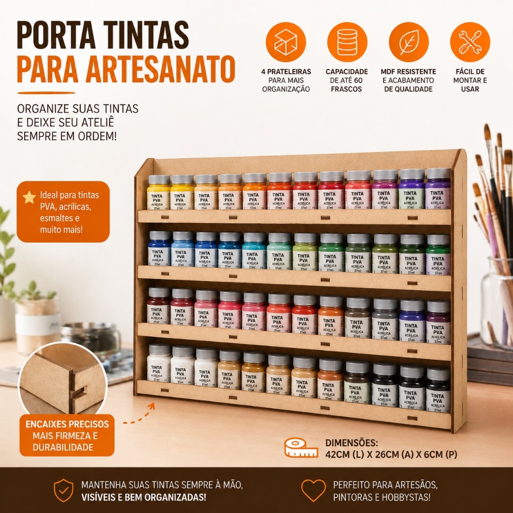 Rack Suporte Organizador MDF Tintas PVA 37ML Acrilica Artesanato