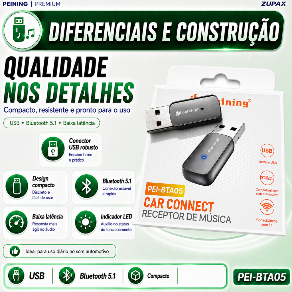 Detalhes do Adaptador Bluetooth Som Automotivo USB V5.1 Peining PEI-BTA04 Receptor de Música Car Connect