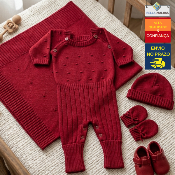 Kit Saída Maternidade Bebê RN Luxo Tricô 4 Peças Menina Menino Recém Nascido Macacão Manta Luva Touca em Tricot