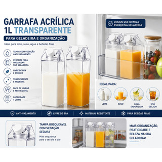 1 ou 2 Unidades de Garrafas Acrílicas 1L Transparente Porta Leite Suco Água com Tampa para Geladeira