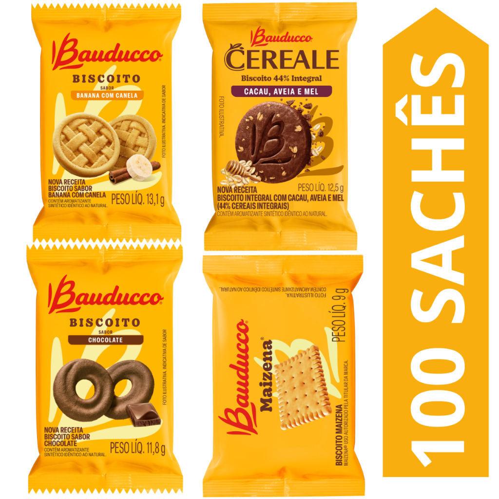 Kit 100 Sachês Biscoito Bauducco Sabores Chocolate, Banana Com Canela, Cereale Cacau, Maizena