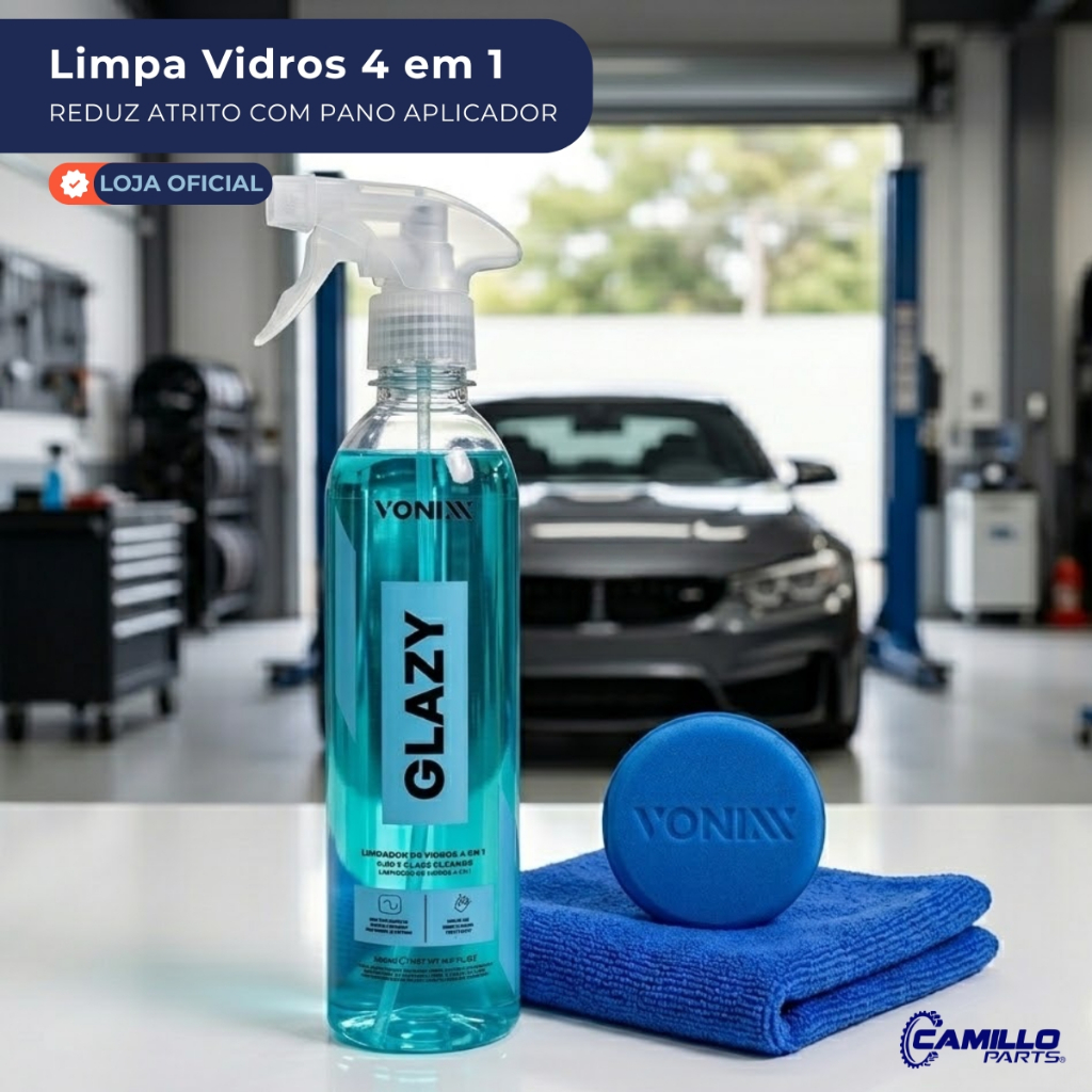 Vonixx Glazy Limpa Vidros 4 Em 1 500ml Reduz Atrito Com Pano Aplicador Veículos