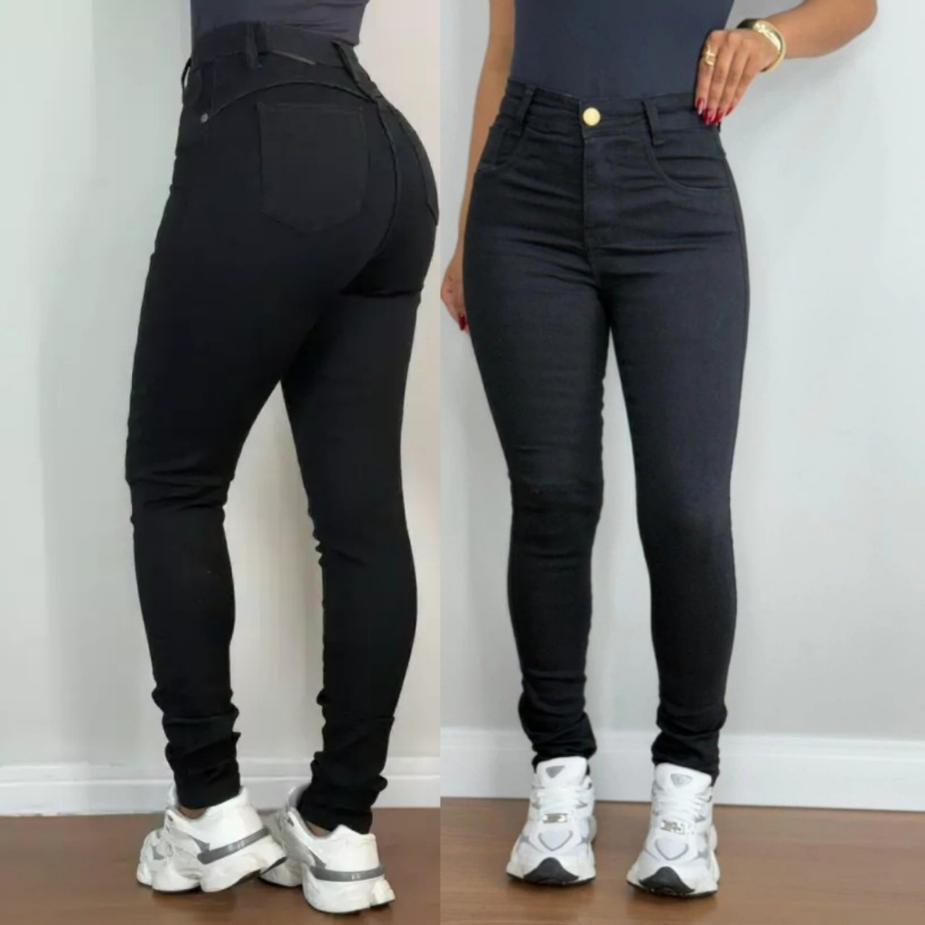 Calça Preta Jeans Feminina Skinny Elastano Empina Bumbum