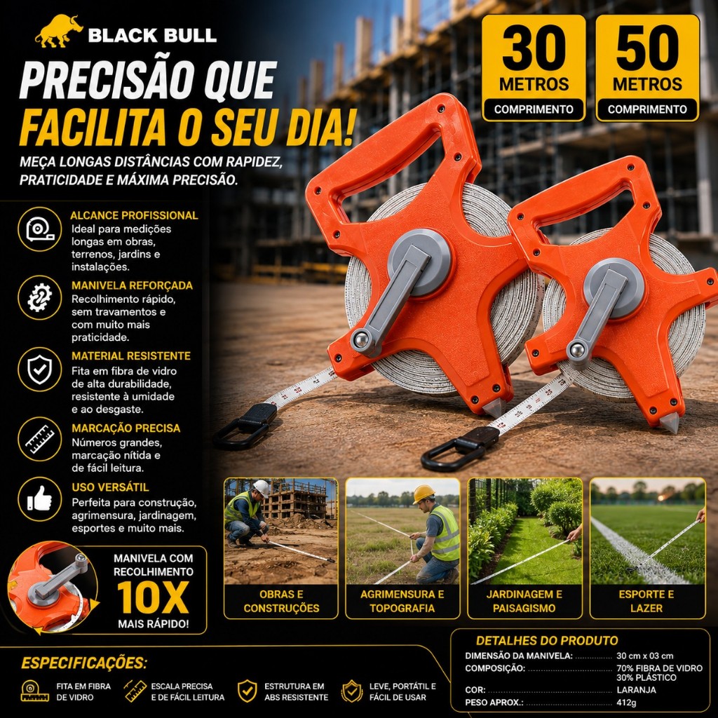 Trena Profissional 30/50 metros Fita Métrica Retrátil Com Manivela Medidor Construção Engenharia