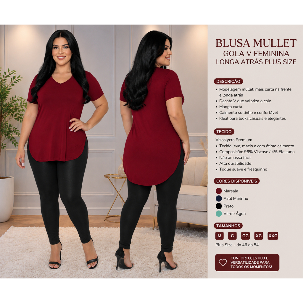 Blusa Mullet Gola V Feminina Longa Atrás Plus Size