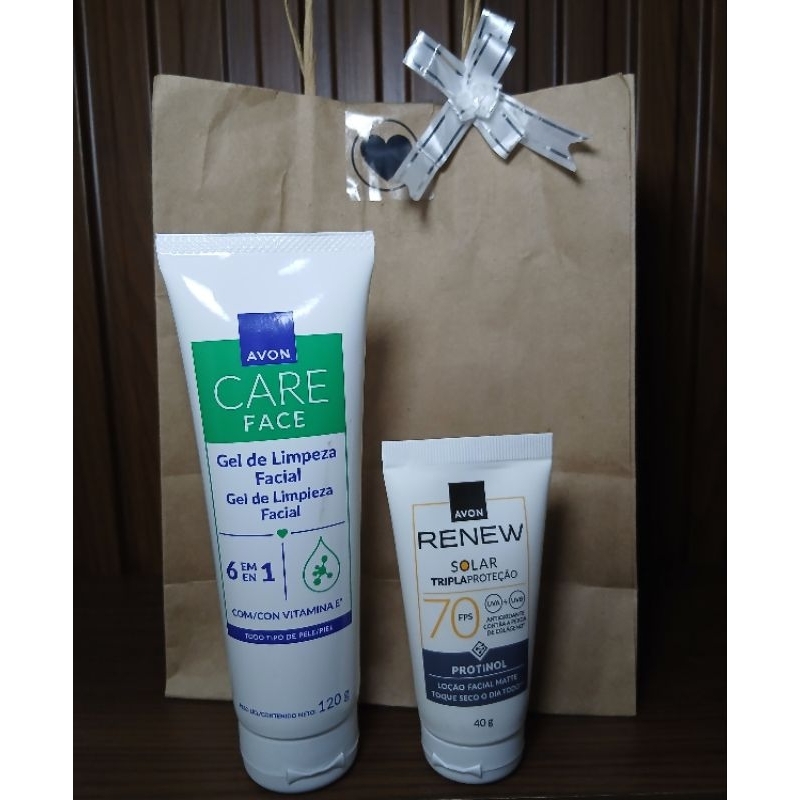 kit Combo 01 Protetor Solar Facial Renew FPS 70 40g 01 Gel Limpeza Facial Avon Care 120g Vegano.